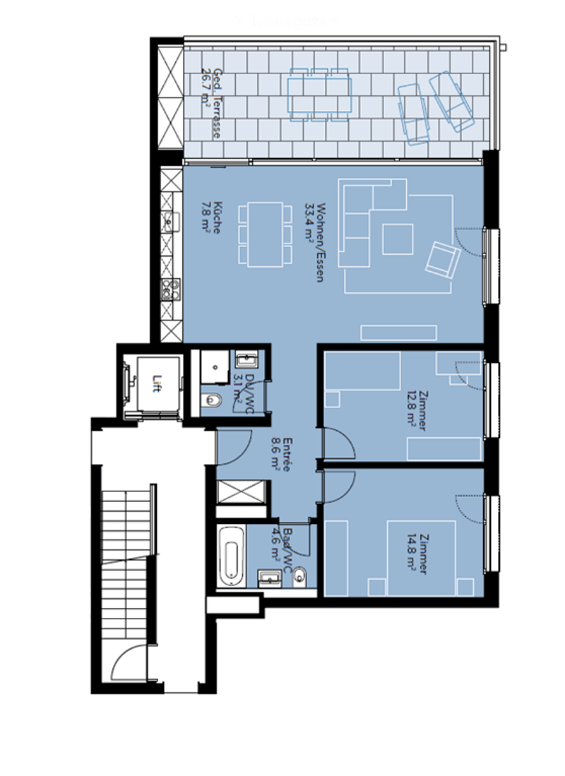 Entrance, living room, kitchen, bedroom, bathroom, balcony, terrace