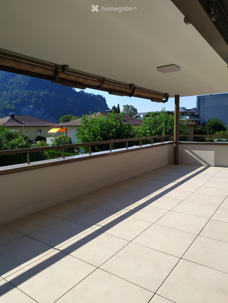 tiled floor, large balcony, fenced, mountain view