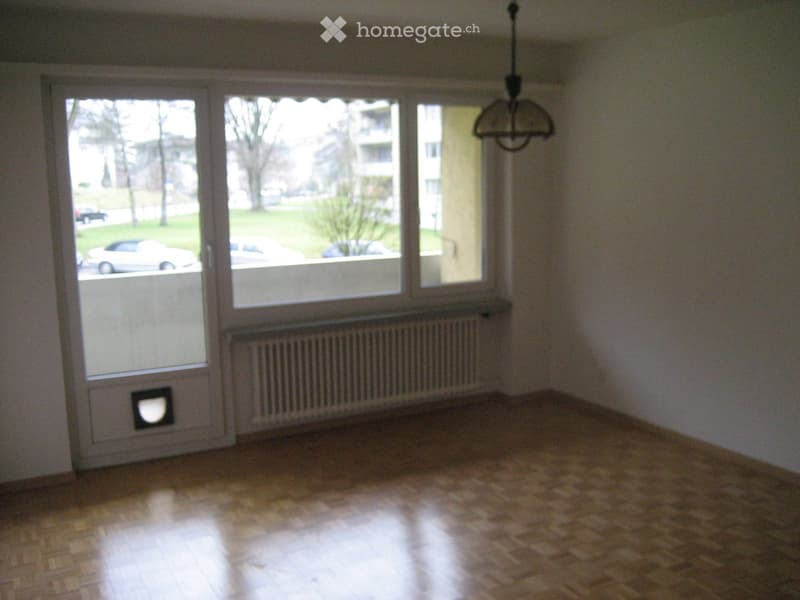 Empty room with wooden flooring, large windows, radiator, and a hanging light fixture.