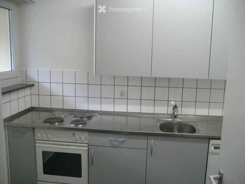 Compact kitchen with a four-burner electric stove, built-in oven, sink with faucet, and grey cabinets.