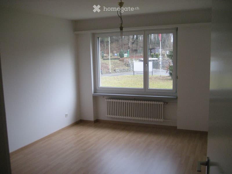 Empty room with wooden flooring, white walls, a radiator, and a large window overlooking a grassy area.