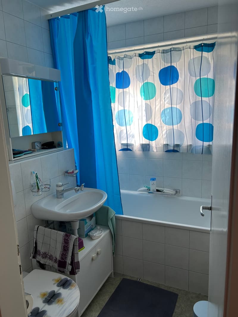 Bathroom with a sink, mirror, bathtub, and toilet. Features a blue shower curtain with circular patterns and a towel hanging on the cabinet.