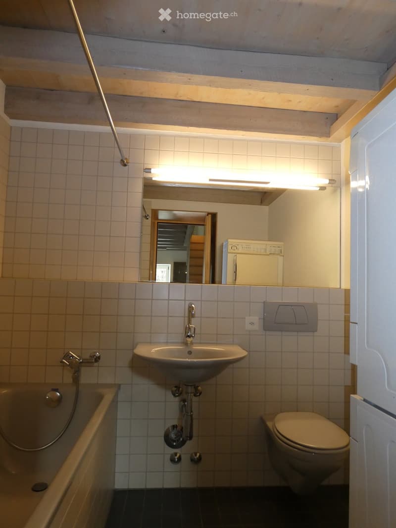 Bathroom with tiled walls, a sink, bathtub, toilet, mirror, and a washing machine in the corner.