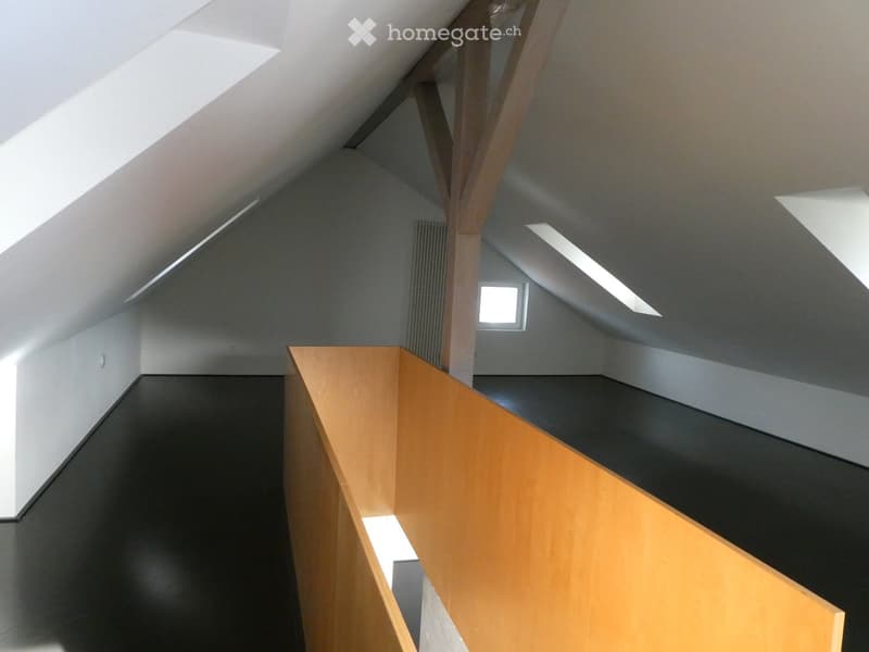 Modern, minimalist hallway with wooden railing, black flooring, and skylights allowing natural light to enter.