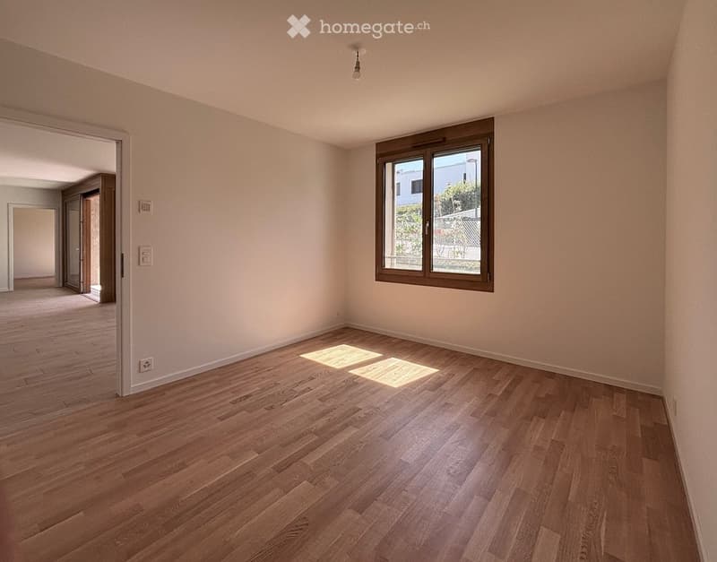 Empty room with wooden flooring, white walls, and a large window with brown frame. Natural light streams in, illuminating the space.