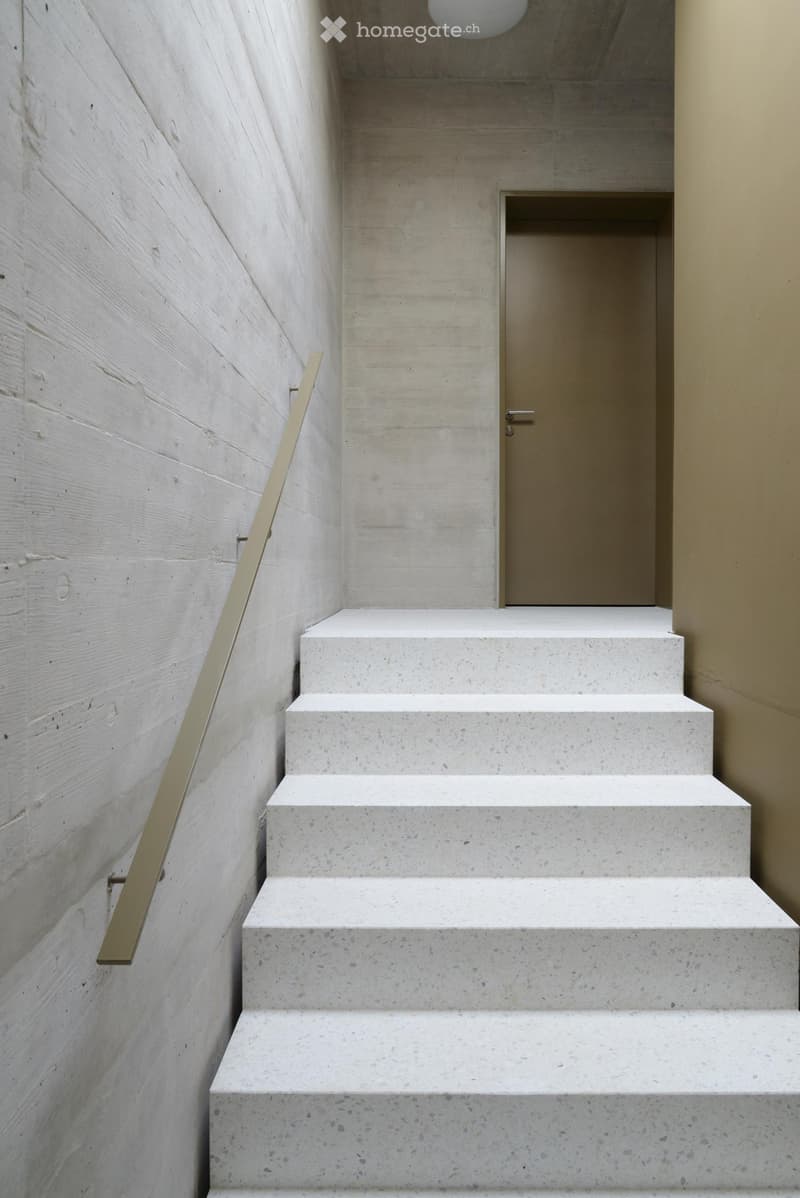 Modern staircase with white concrete steps and a sleek brass handrail, leading to a closed door.