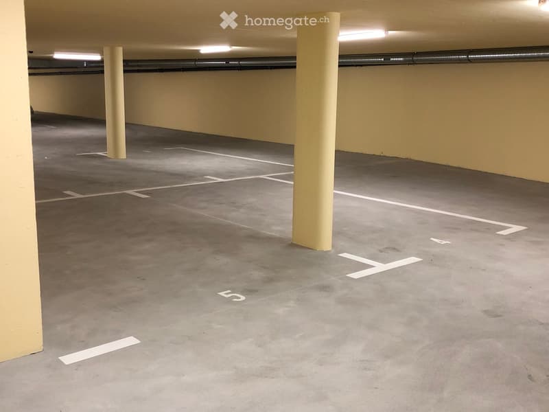 Empty underground parking area with marked parking spaces, concrete pillars, and overhead lighting.