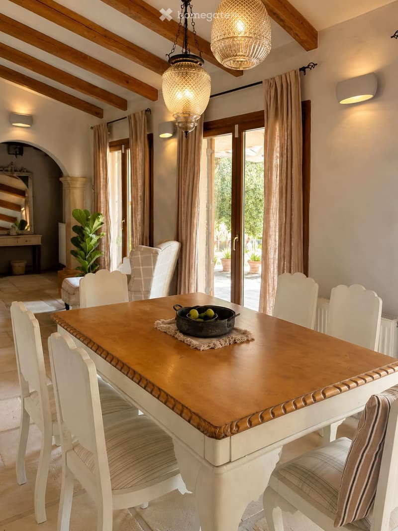 Dining room with a wooden dining table, white chairs, a bowl of fruit, a potted plant, and a chandelier hanging from the ceiling.