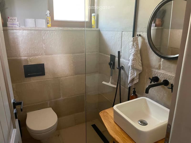 Modern bathroom with a toilet, sink, and shower area. Features a large round mirror, a wooden sink stand, and a towel hanging on a rack.