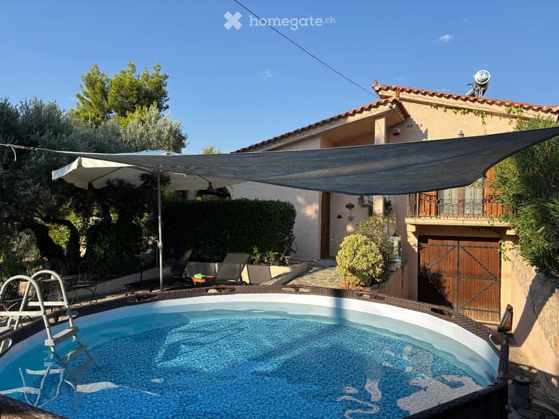Outdoor area with a swimming pool, lounge chairs, umbrella, and surrounding greenery.
