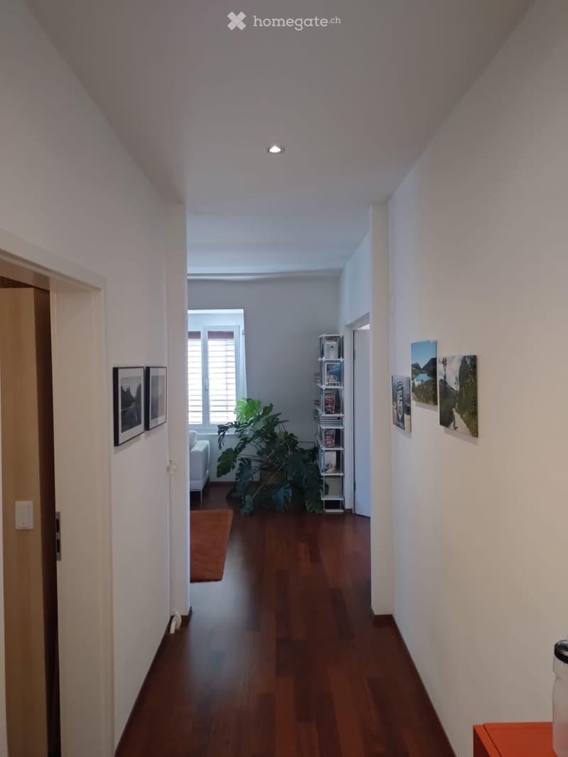 A well-lit hallway with wooden flooring, white walls, and recessed ceiling lighting. Features include framed artwork, a small plant, and a visible room with a sofa and window in the background.