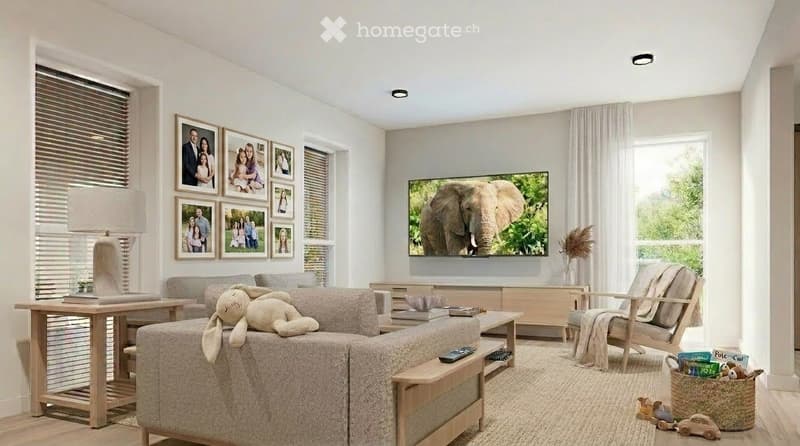 Modern living room with a grey sofa, coffee table, armchair, table lamp, flat-screen TV, and decorative picture frames on the wall.
