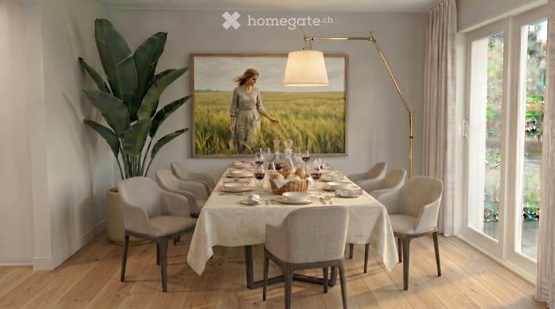 Elegant dining room with a long table set for a meal, surrounded by six chairs, wine glasses, and bread. A large painting hangs on the wall, and a floor lamp stands nearby. The room features wooden flooring and large windows with curtains.