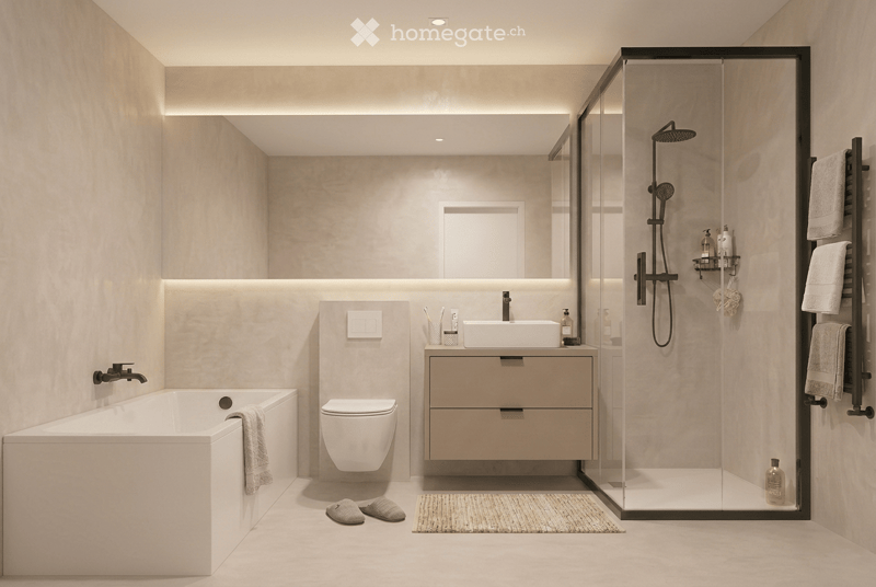 Modern bathroom with a bathtub, toilet, sink, and walk-in shower. Features include a towel rack, mirror, and sleek lighting.