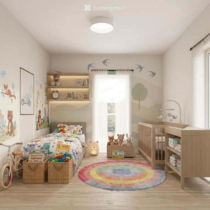 A well-lit children's bedroom with a colorful, animal-themed design. Features a large bed with a vibrant duvet, a wooden changing table, a crib, shelves with toys and books, and a round, rainbow-colored rug.