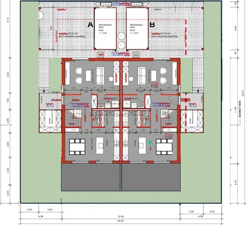 Floor plan of a residential building with multiple rooms including a kitchen, living room, bedrooms, bathrooms, and a balcony.