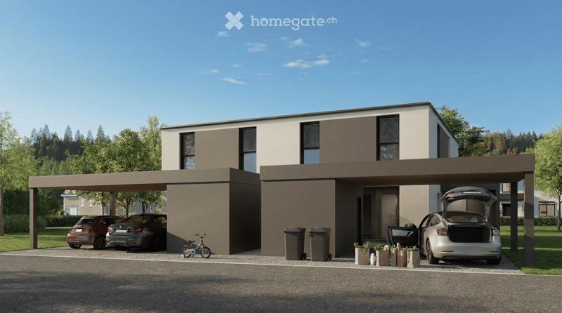 Modern two-story house with a covered garage, several parked cars, and a bicycle near the entrance.