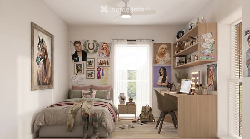 A well-lit bedroom with a bed, desk, chair, shelves, and various decorative items including picture frames and a mirror. The room features a large window with curtains and a ceiling fan.