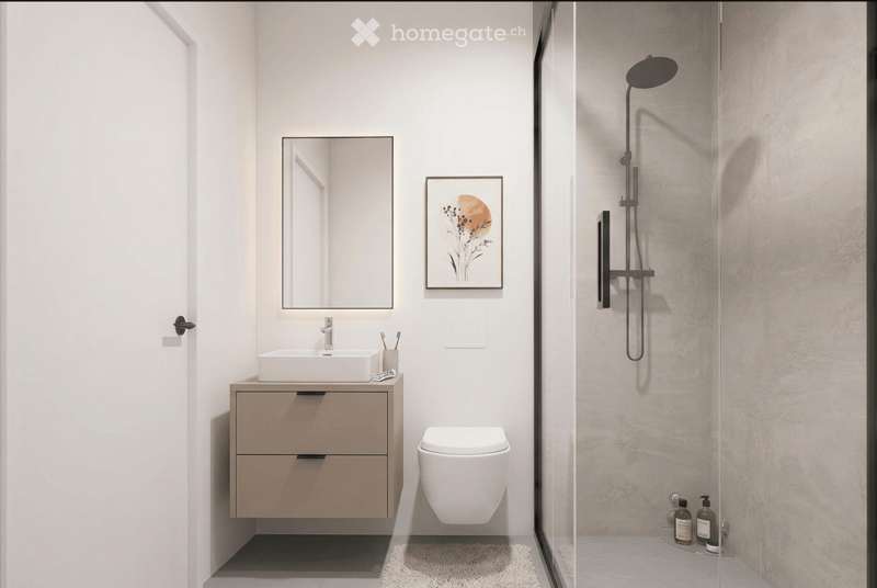 Modern bathroom with a sink, mirror, toilet, and a glass-enclosed shower with a handheld showerhead. The sink has a sleek wooden vanity with two drawers, and a picture frame hangs on the wall above the sink.