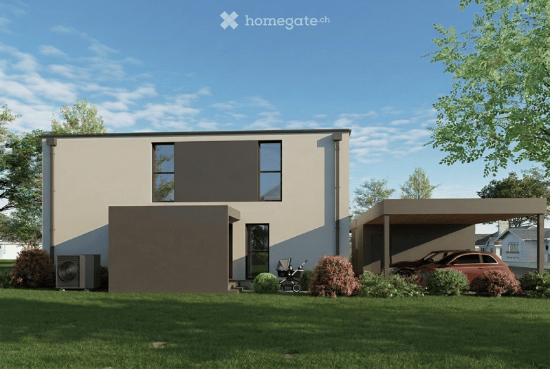 Modern two-story house with a flat roof, large windows, and a covered garage. The house features a combination of beige and dark brown exterior walls, a well-maintained lawn, and a stroller near the entrance.