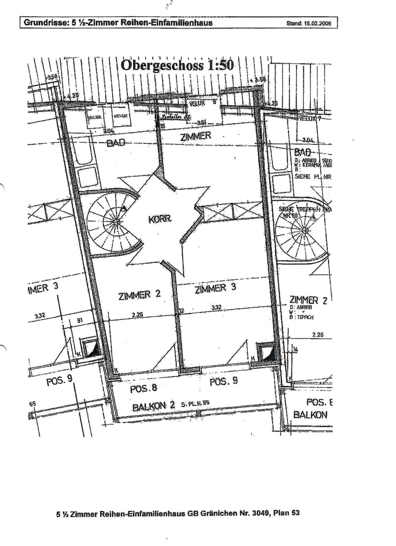 Floor plan of a 5 1/2 room row house, showing layout of rooms, bathrooms, and balconies on the upper floor.