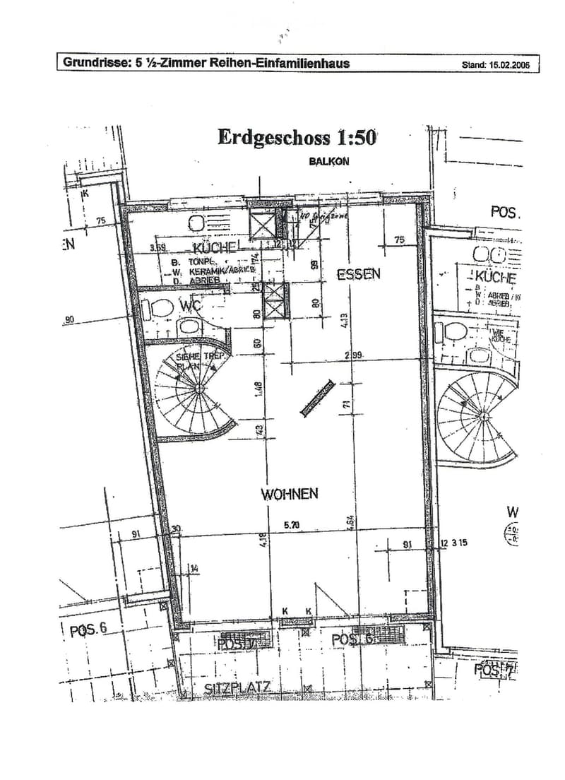 Floor plan of a 5 1/2-room row single-family house, ground floor, showing kitchen, living area, dining area, bathroom, and balcony.