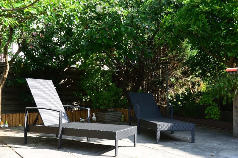 A sunny outdoor patio with two lounge chairs, a small table, and lush greenery, including fruit trees and decorative plants.