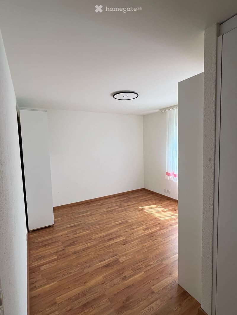 Empty room with wooden flooring, white walls, and a single ceiling light fixture. Sunlight streams in from a window on the right side.