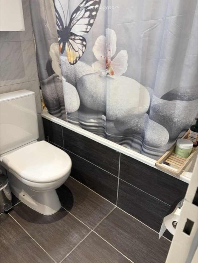 Modern bathroom with dark tiled walls and floor, white toilet, bathtub with a decorative shower curtain featuring butterflies and stones, and a small wooden shelf holding a cup and bottle.