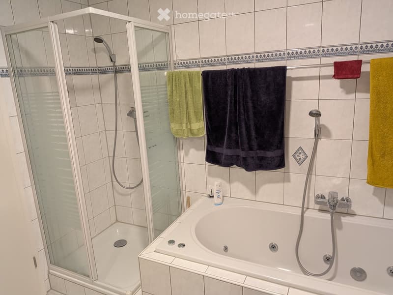 Bathroom with a bathtub, glass-enclosed shower, and towels hanging on a rack.