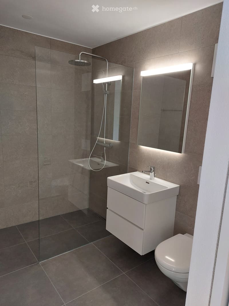 Modern bathroom with a white sink, toilet, large mirror with built-in lighting, and a glass-enclosed shower area.