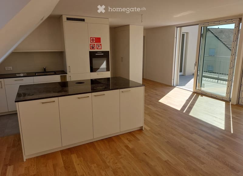 Modern kitchen with light-colored cabinets, a dark countertop, and a sink. The space features wooden flooring and a large sliding glass door leading to a balcony.