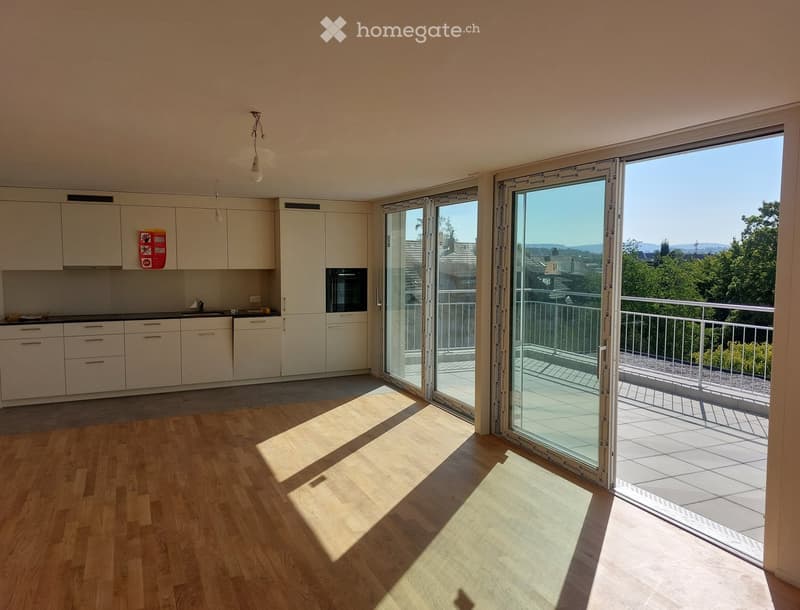 Modern kitchen with light-colored cabinets, wooden flooring, and large sliding glass doors leading to a balcony.