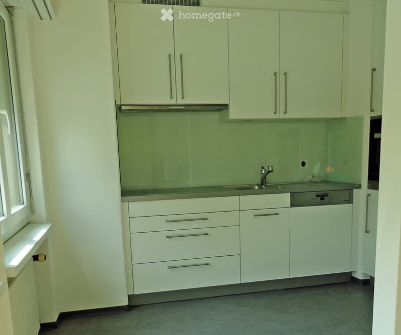 Modern kitchen with white cabinets, stainless steel sink, and dishwasher. Features a window with a small shelf and a sleek, minimalist design.