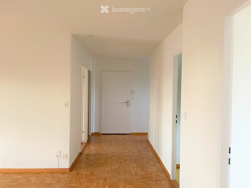 Empty hallway with light-colored walls, wooden flooring, and several doors leading to other rooms.