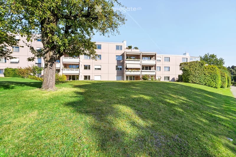 A well-maintained lawn in front of a multi-story residential building with balconies and large windows, surrounded by trees and shrubs.