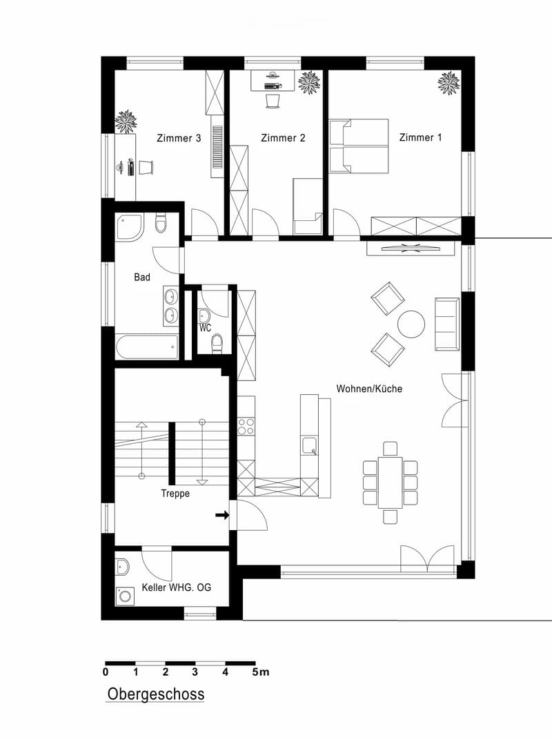 Floor plan of a 3-bedroom apartment with a combined living/dining area, kitchen, bathroom, and WC. Includes a staircase leading to the basement.