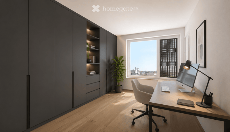 Modern, minimalist room with a large window offering a cityscape view. Features a sleek wooden desk with a computer setup, a comfortable chair, a potted plant, and built-in dark cabinets with shelves.