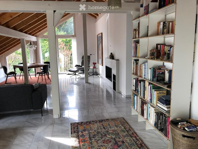 Bright living room with large windows, a fireplace, a bookshelf filled with books, a sofa, chairs, and a dining table.