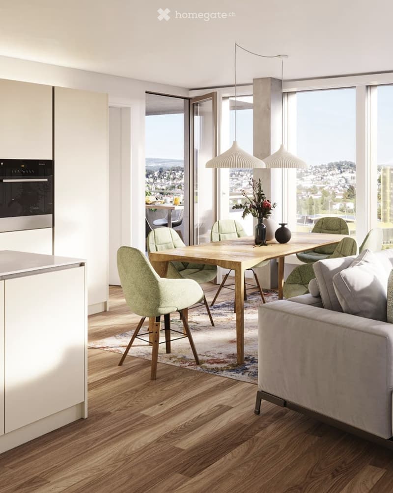 Open-plan living and dining area with modern furniture, large windows offering a city view, and pendant lighting.