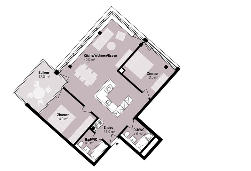 Floor plan of a 2-room apartment with a combined kitchen/living/dining area, two bedrooms, a bathroom, and a balcony.