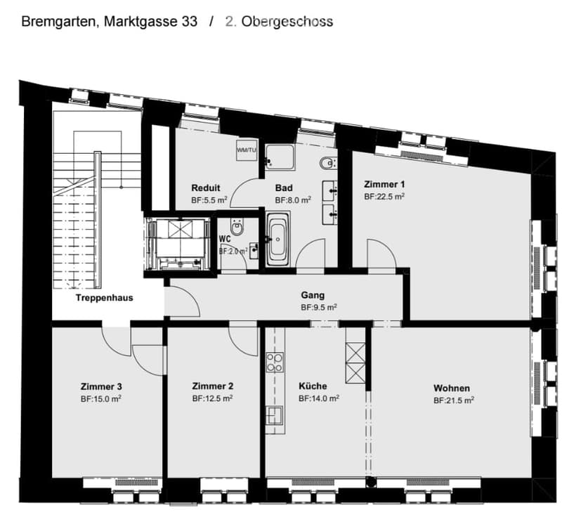 Floor plan of the second upper floor showing a living area, kitchen, three bedrooms, bathroom, hallway, and staircase.