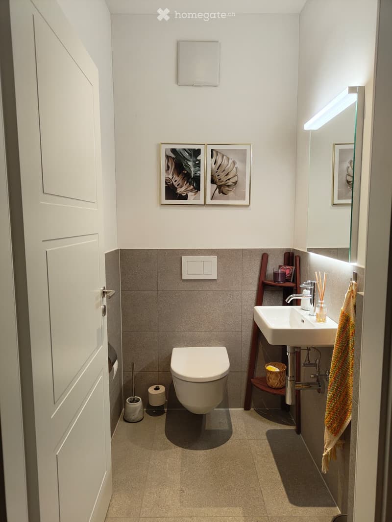 Modern bathroom with a toilet, sink, mirror, and decorative picture frames. Features a towel on a rack and a small wooden shelf with items.