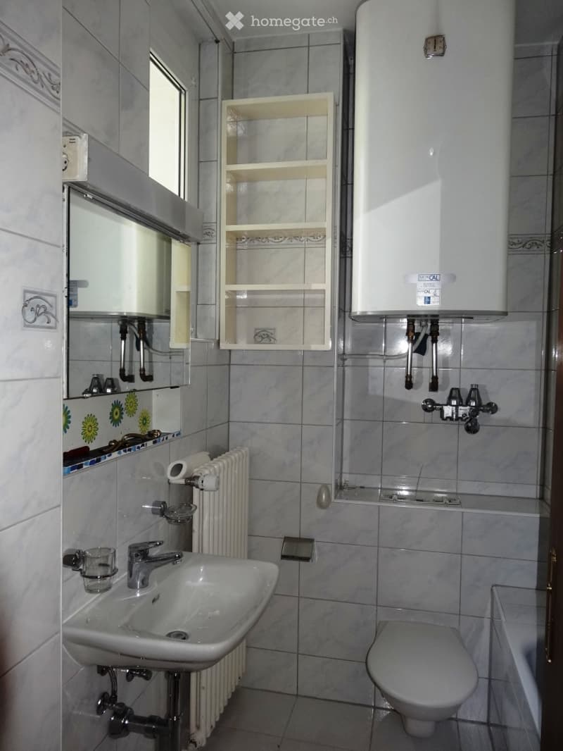 Bathroom with a sink, mirror, radiator, toilet, water heater, and cabinet. The tiles feature a floral pattern.