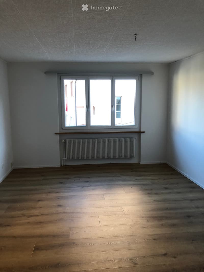Empty room with wooden flooring, white walls, large window with glass panels, radiator, and a small shelf above it.