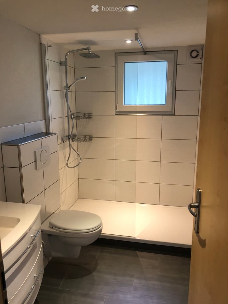 Modern bathroom with a toilet, sink, shower, and built-in cabinet. Features tiled walls and a frosted window.