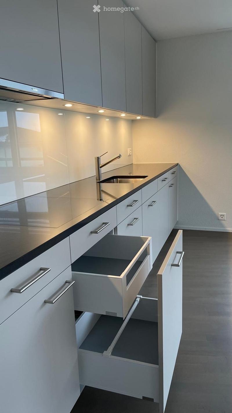 Modern kitchen with white cabinets, stainless steel sink, and sleek metallic handles. The space features built-in storage with open and closed compartments.