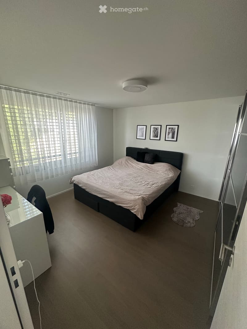 Modern bedroom with a large bed, nightstand, mirror, picture frames, and a small rug on the floor.