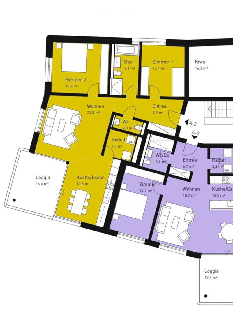 Floor plan of a multi-room apartment with labeled areas including living room, kitchen, bedrooms, bathrooms, and loggias.