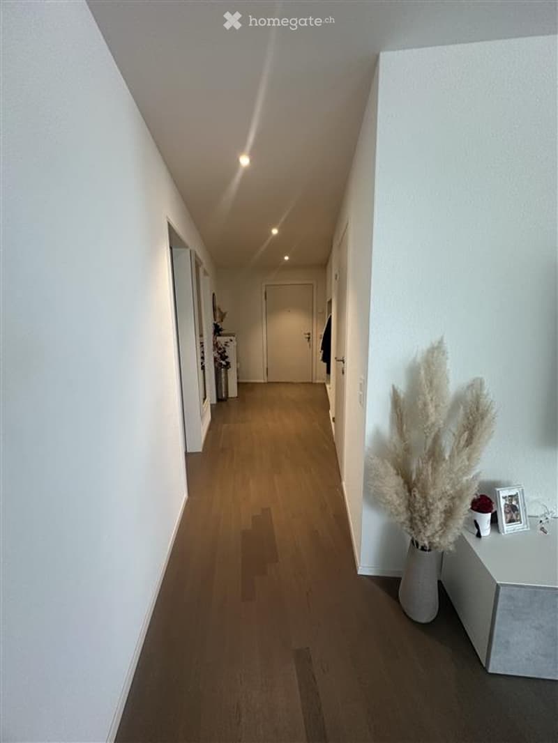 Clean, modern hallway with light wooden flooring and white walls. Recessed ceiling lights line the center, and a small decorative table with vases and a framed photo sits on the right side.